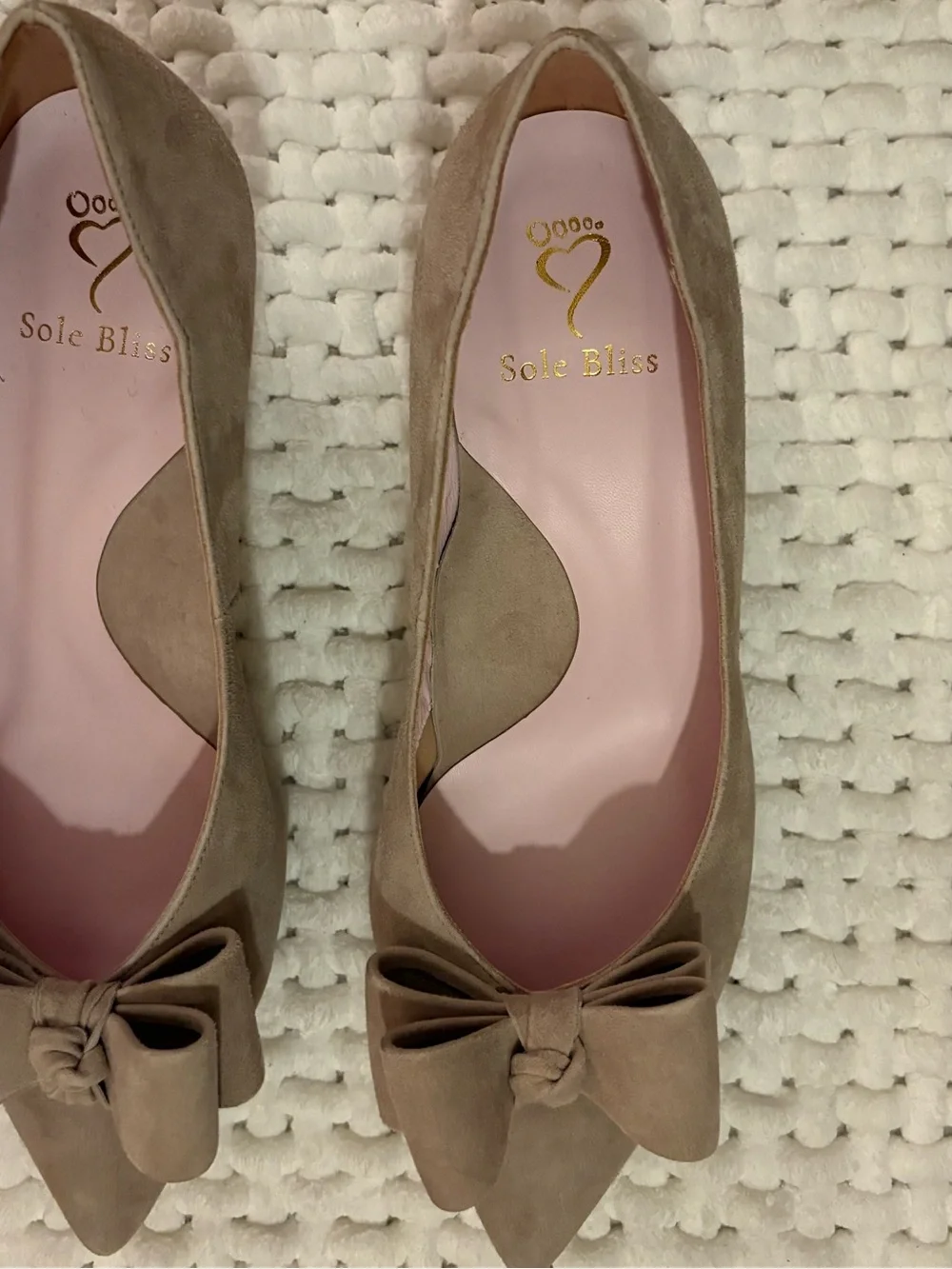 Sole Bliss Suede Light Taupe Bow Pointed-Toe Women’s Kitten Heels